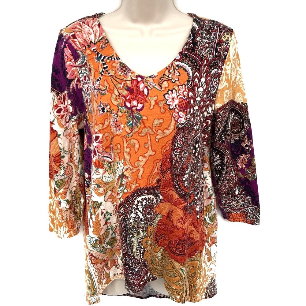 Chico’s Womens Burnt Orange Paisley Print 3/4 Sleeve Hi Low V Neck Blouse Size S